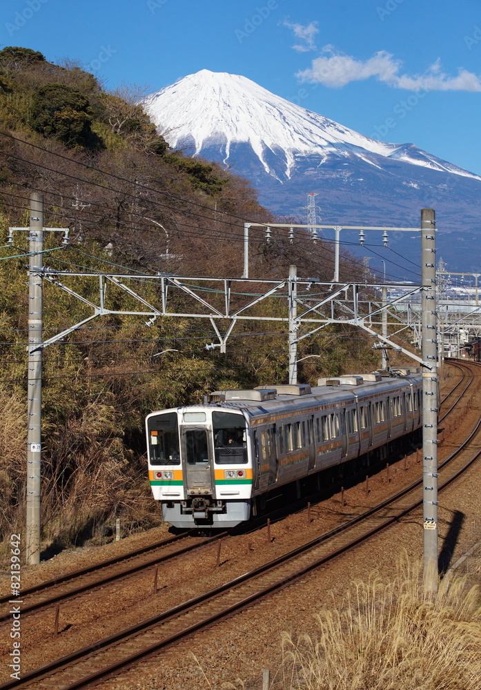 Mountain Fuji and train in winter season