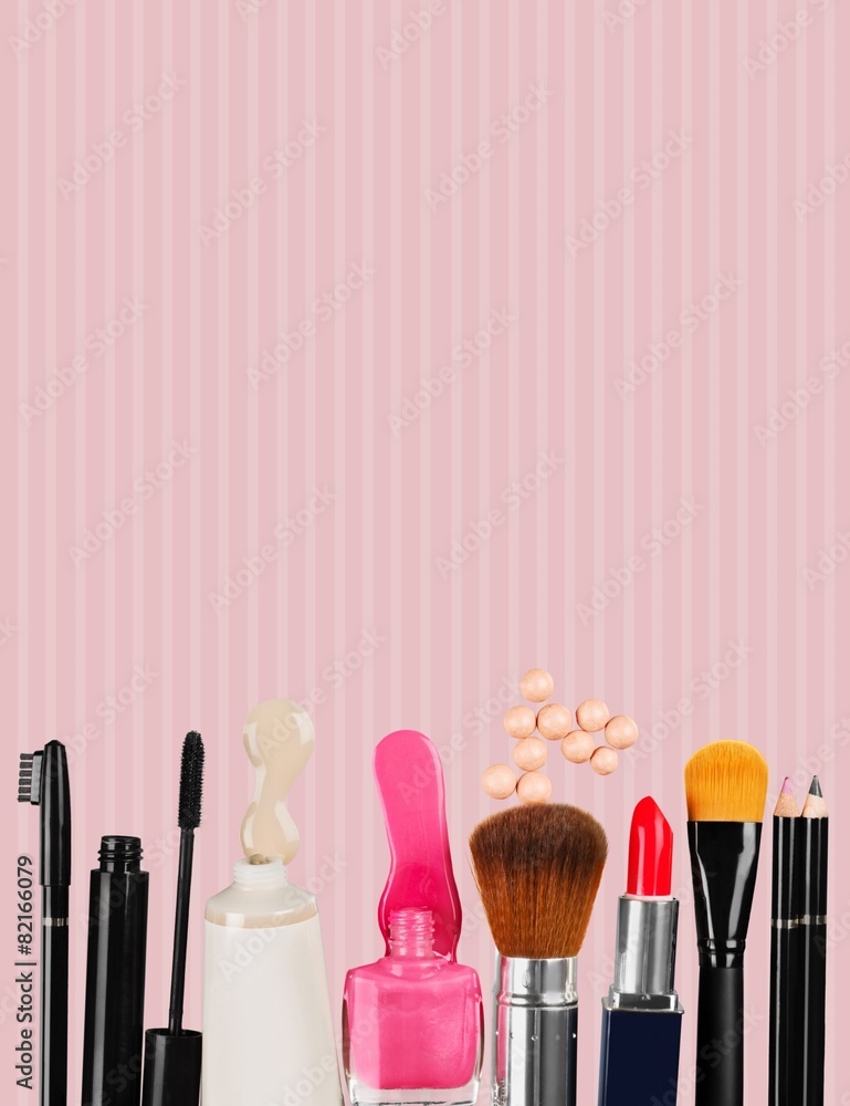 Applicator. Makeup brush and cosmetics, on a white background