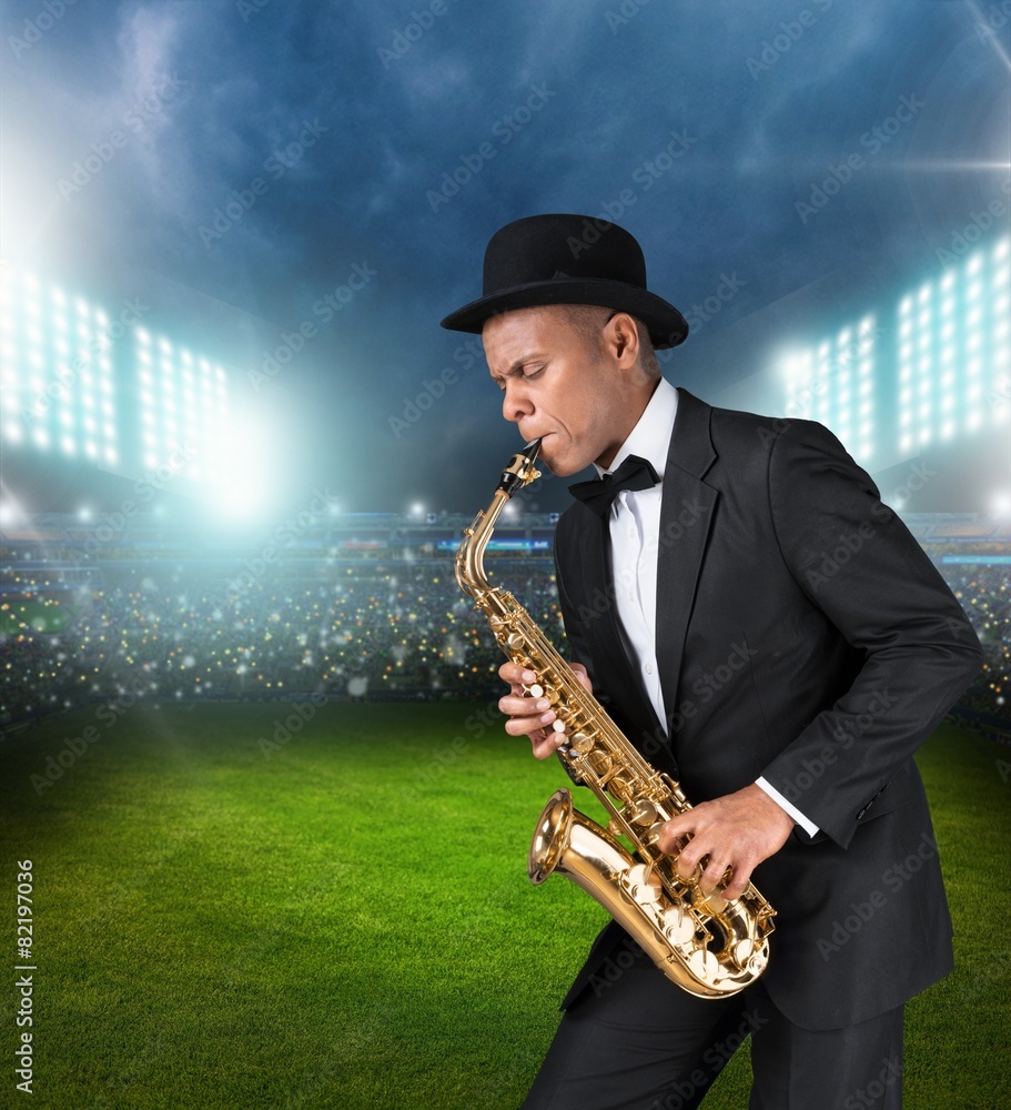 Sax. Black american jazz saxophone player. Vintage. Studio shot.