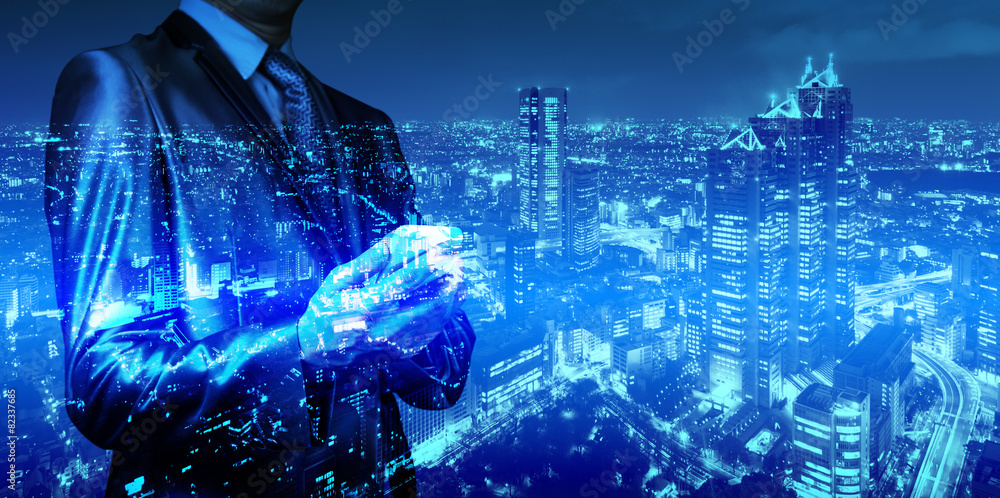 double exposure of businessman with cityscape