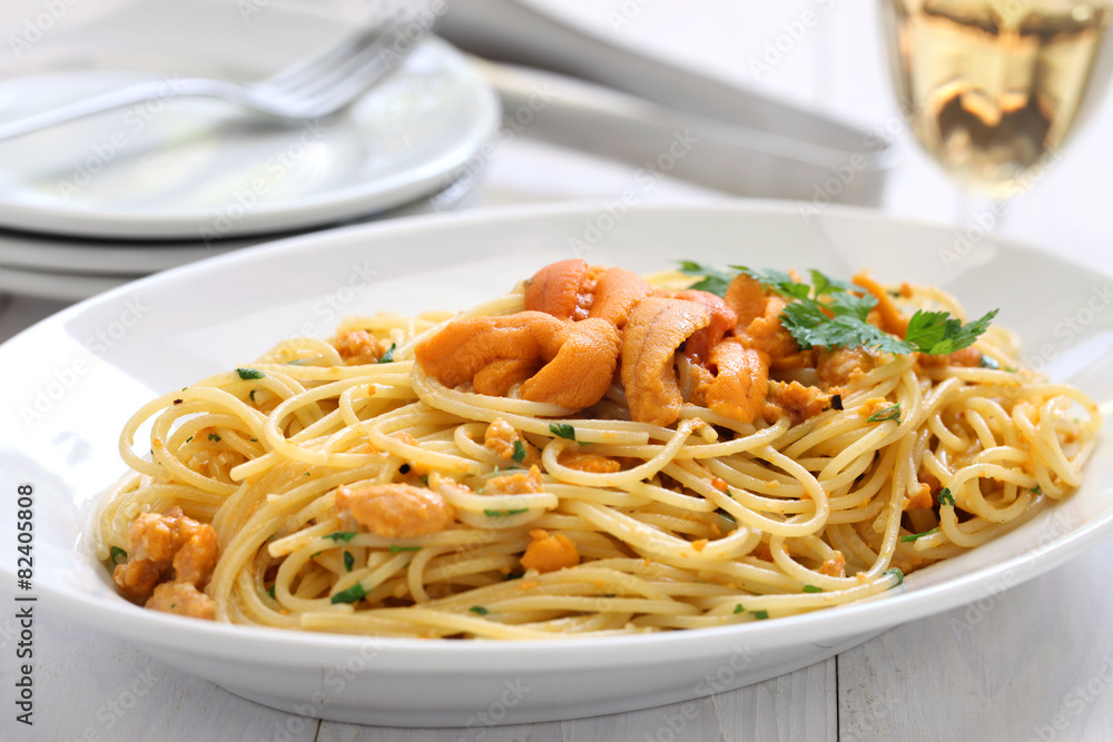 pasta with sea urchin roe, italian cuisine