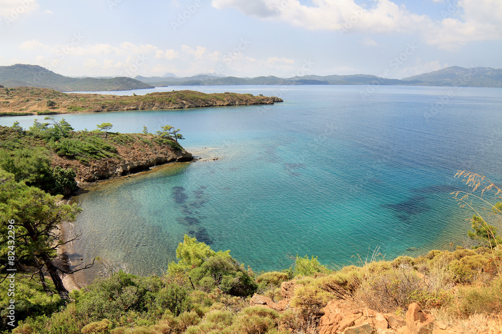 Marrmaris sea coast from top of a hill. Turquoise waters