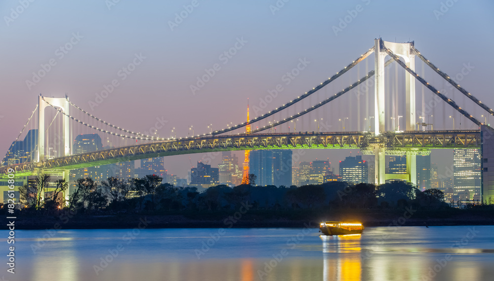 Tokyo bay and Tokyo rainbow bridge in evening