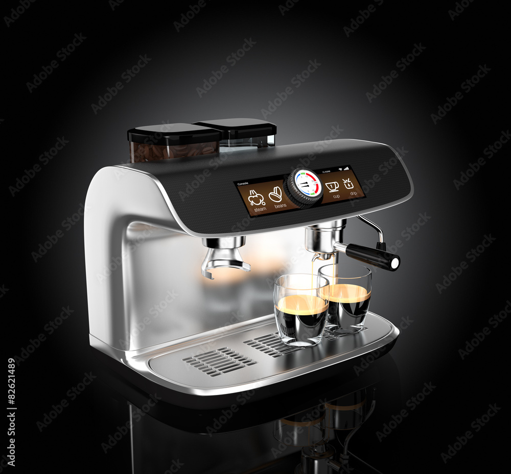 Chrome coffee machine isolated on black background.