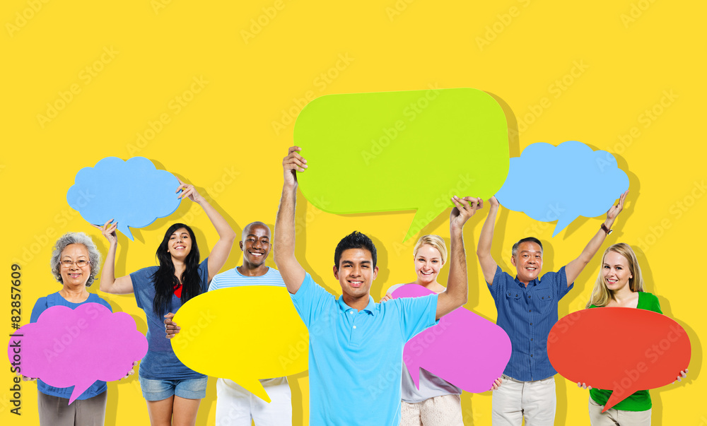 Diversity People Holding Colorful Speech Bubbles Concept