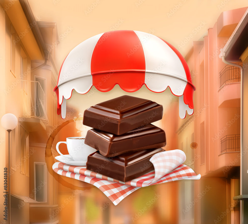 Pieces of chocolate and cup of coffee, background