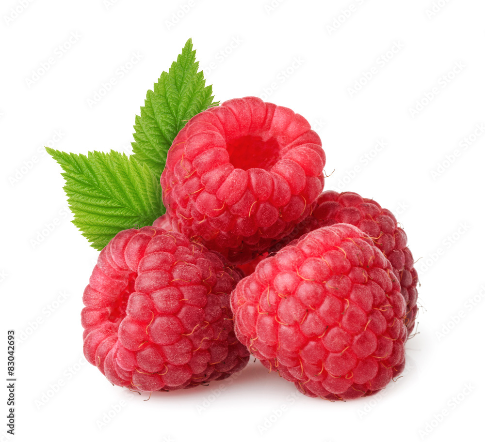 Raspberries with leaves isolated