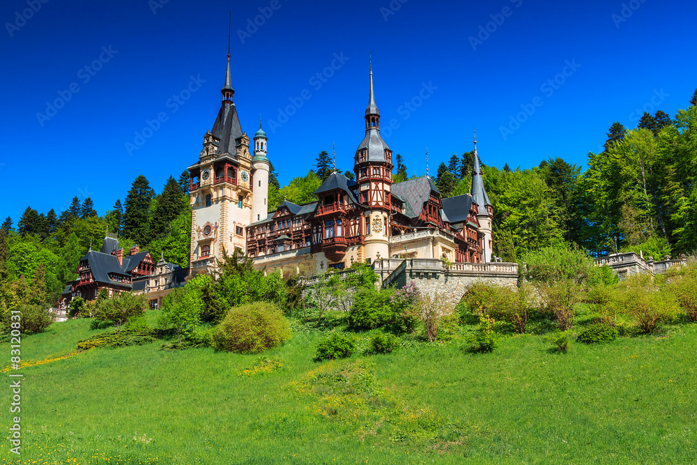 Stunning ornamental garden and royal castle,Peles,Sinaia,Romania