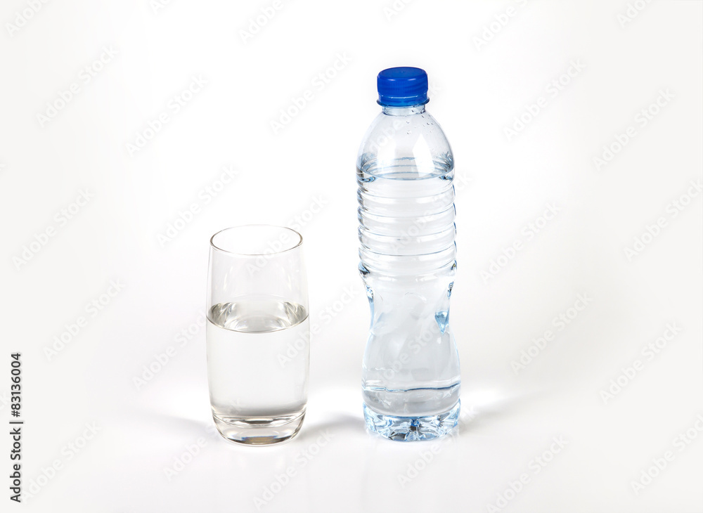 fresh drink water bottle and glass on white background