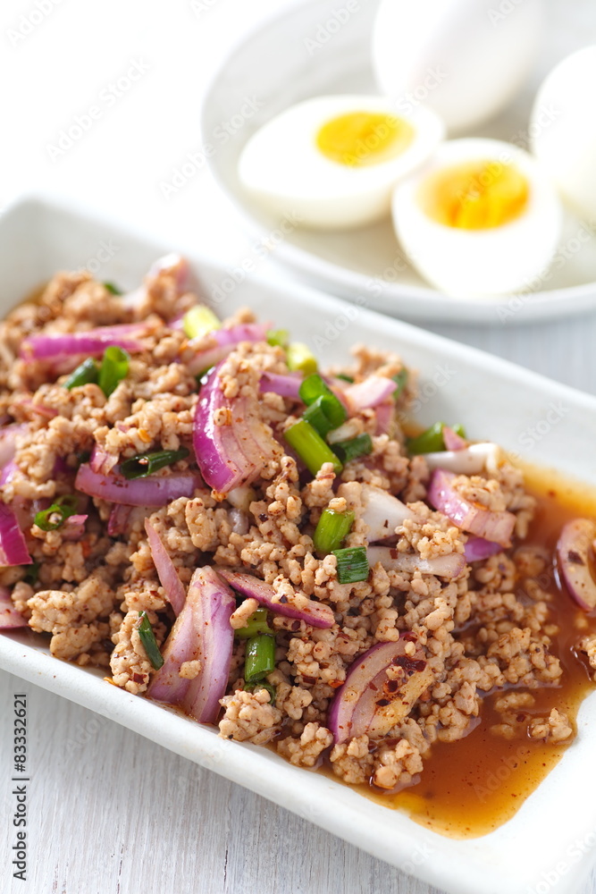 Thai traditional food Spicy minced chicken salad..