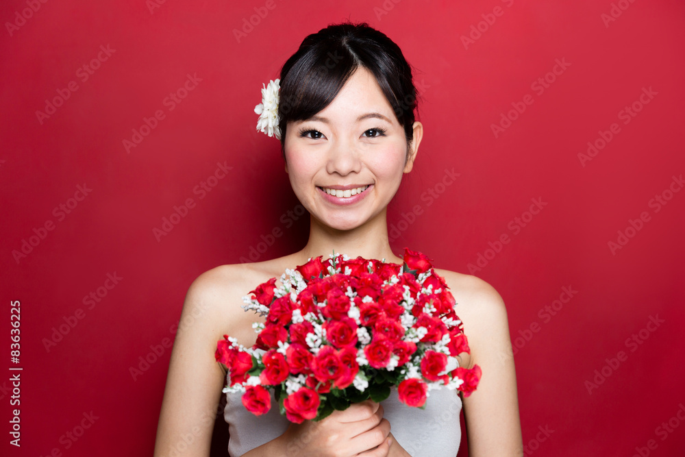 attractive asian woman wedding image on red background