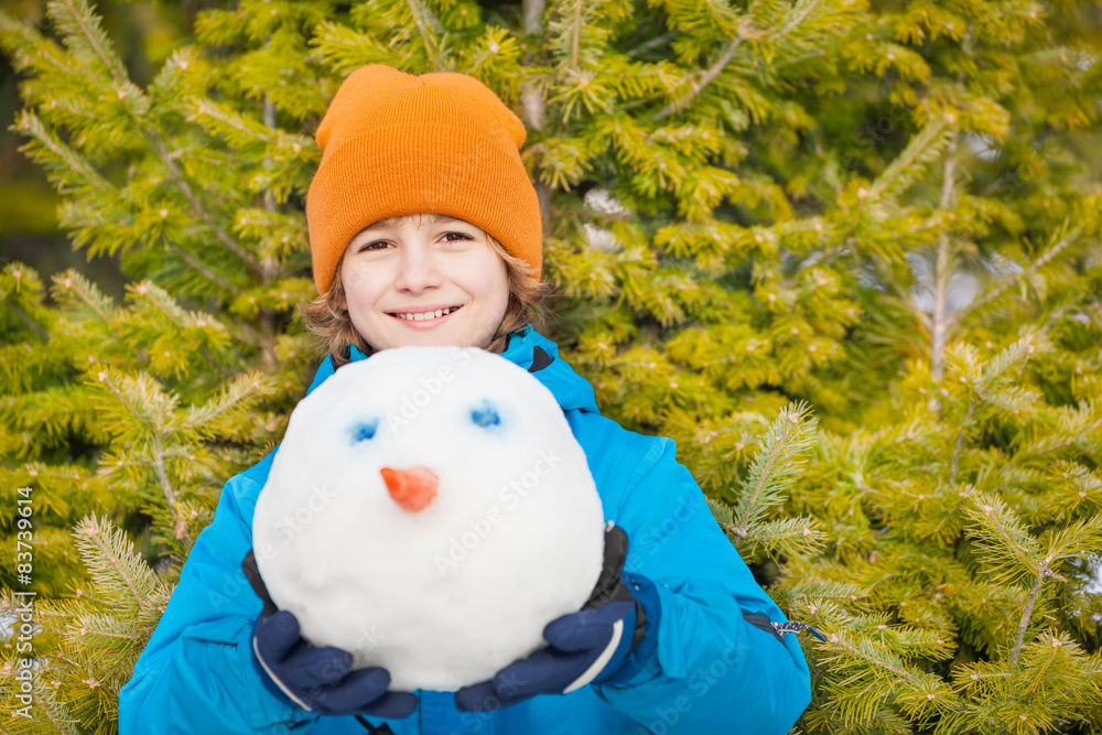 穿着蓝色冬季夹克的男孩抱着雪人的头