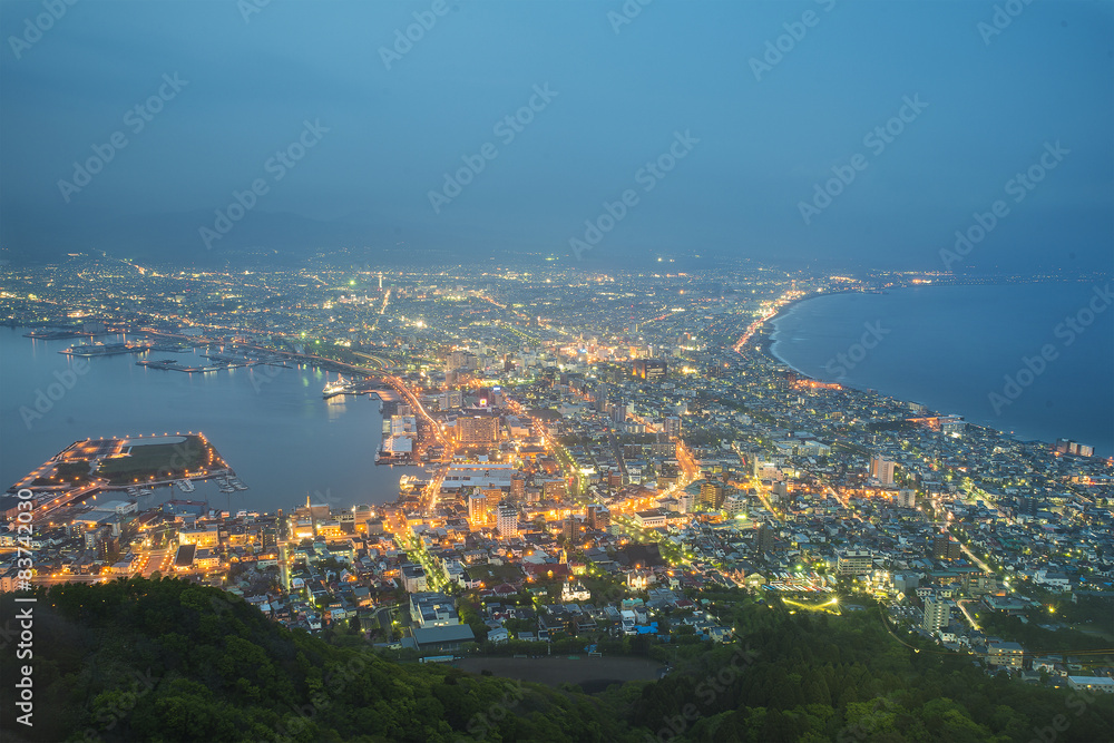 黎明时分，日本北海道函馆山的城市天际线