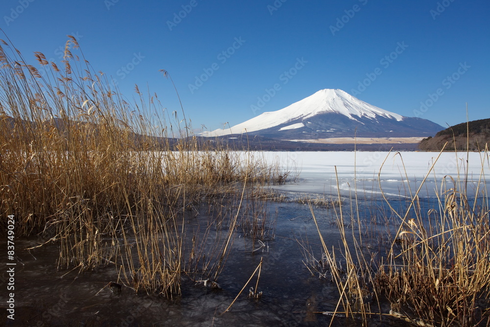 Mountain Fuji and Lake Yamanakako in winter season