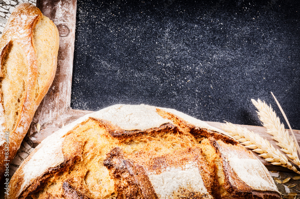 Freshly baked bread in rustic setting