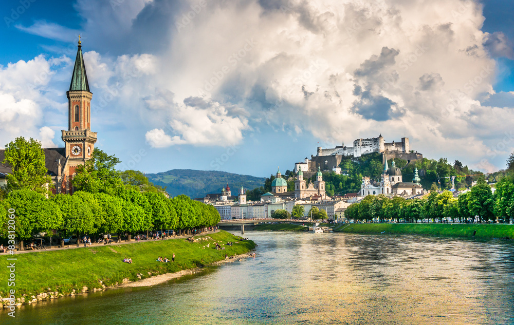 Historic city of Salzburg with river Salzach in summer, Austria