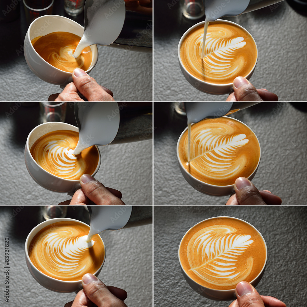 Steps of making cafe latte art, leaf shape