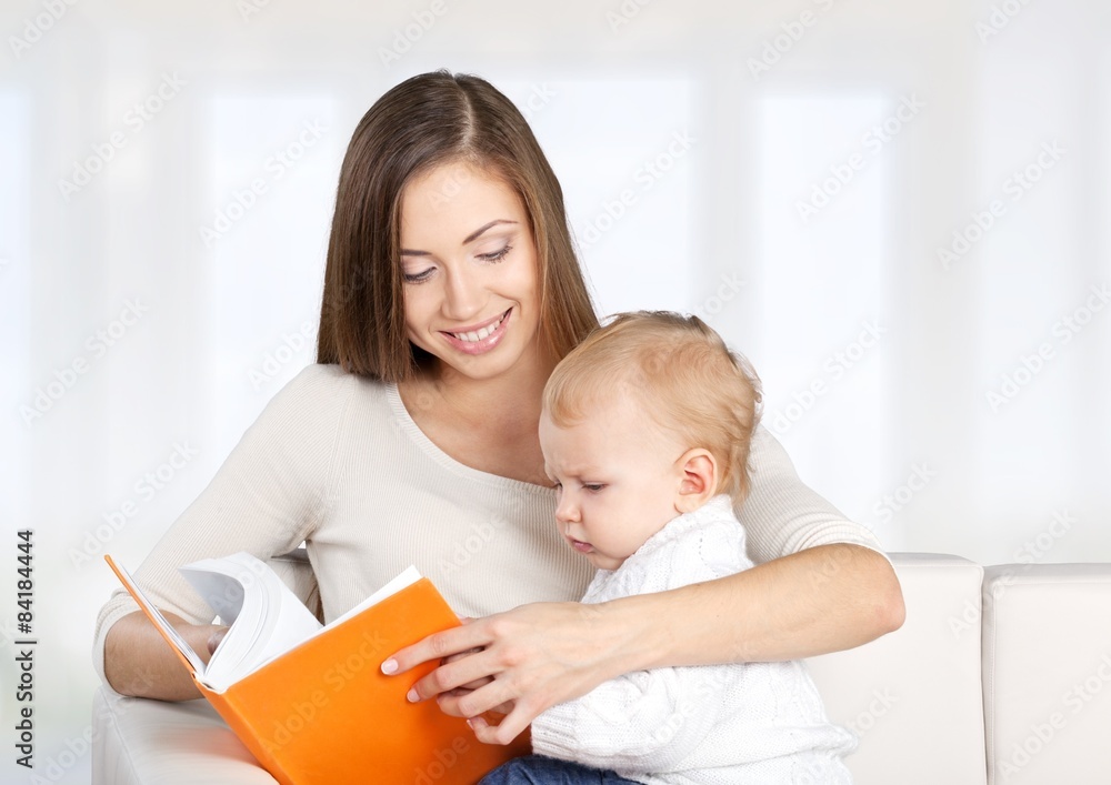 Mother, book, toddler.