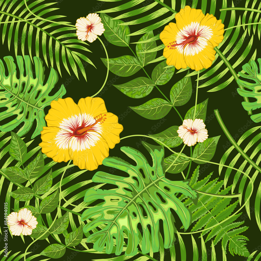 Seamless pattern with exotic tropical leaves and flowers vector