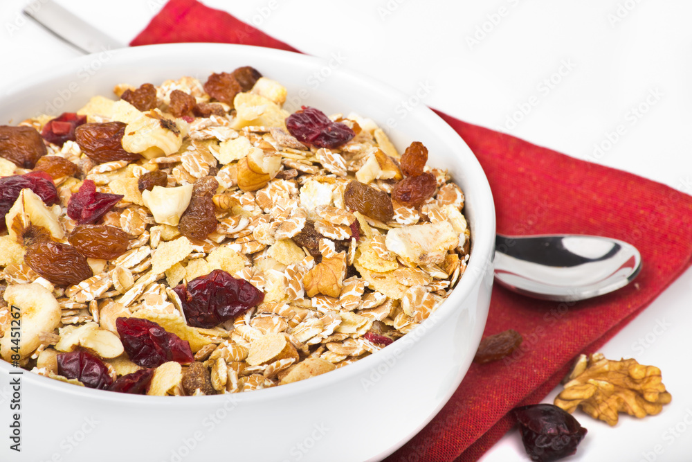 A bowl of muesli and dried fruit