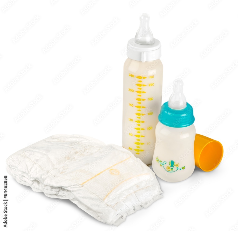 Diaper, Baby Bottle, Milk.