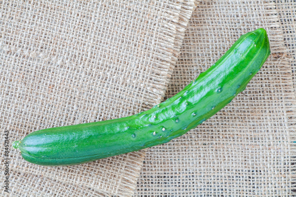 Fresh green cucumber on burlap canvas background