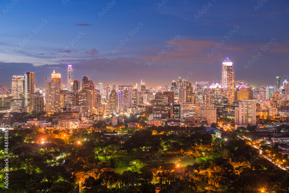 Bangkok city sunlight warm orange panorama, dawntime sunrise in morning rooftop view, the office bui