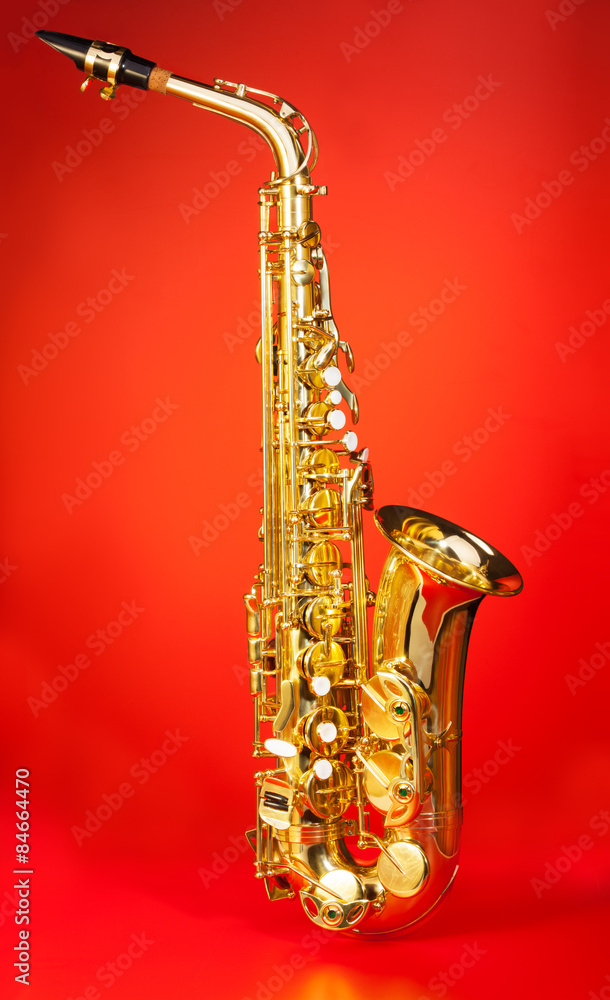 Alto saxophone in full length on red background 