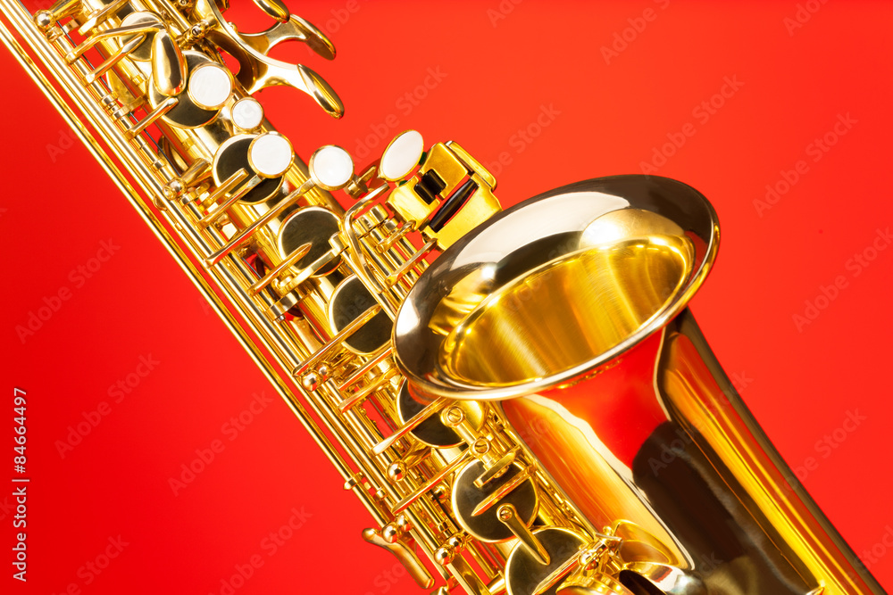 Fragment view of alto saxophone with bell and keys