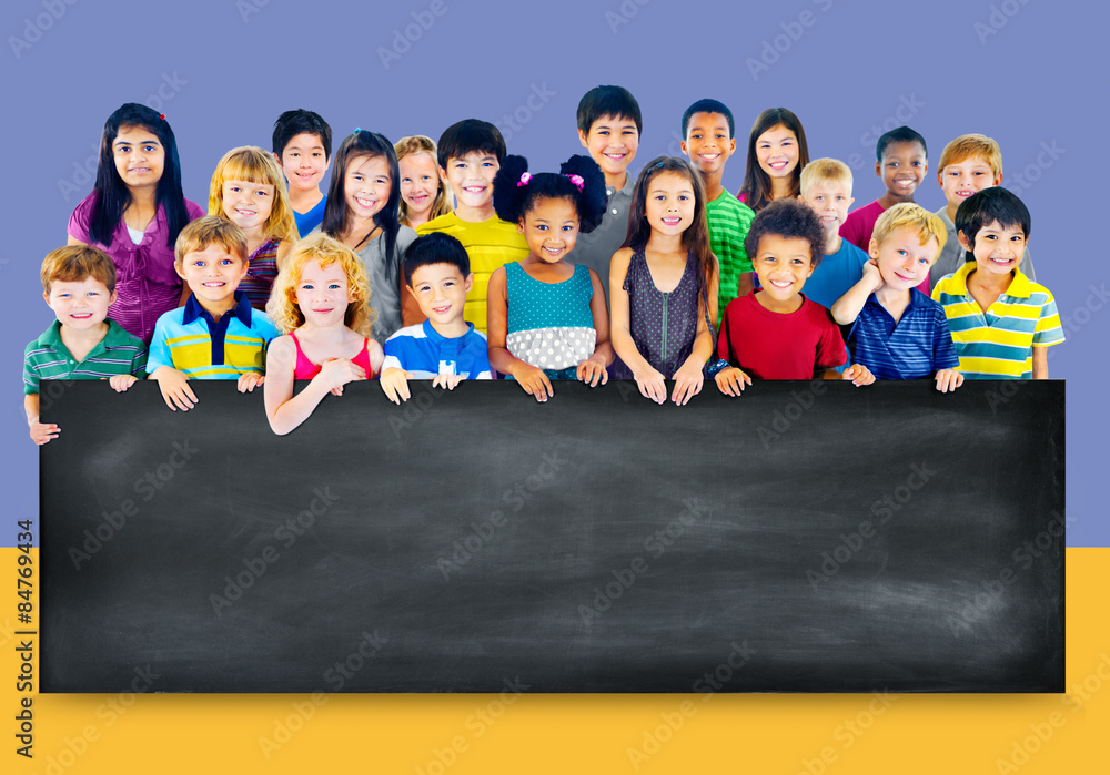 Multi-Ethnic Group of Children Holding Empty Billboard