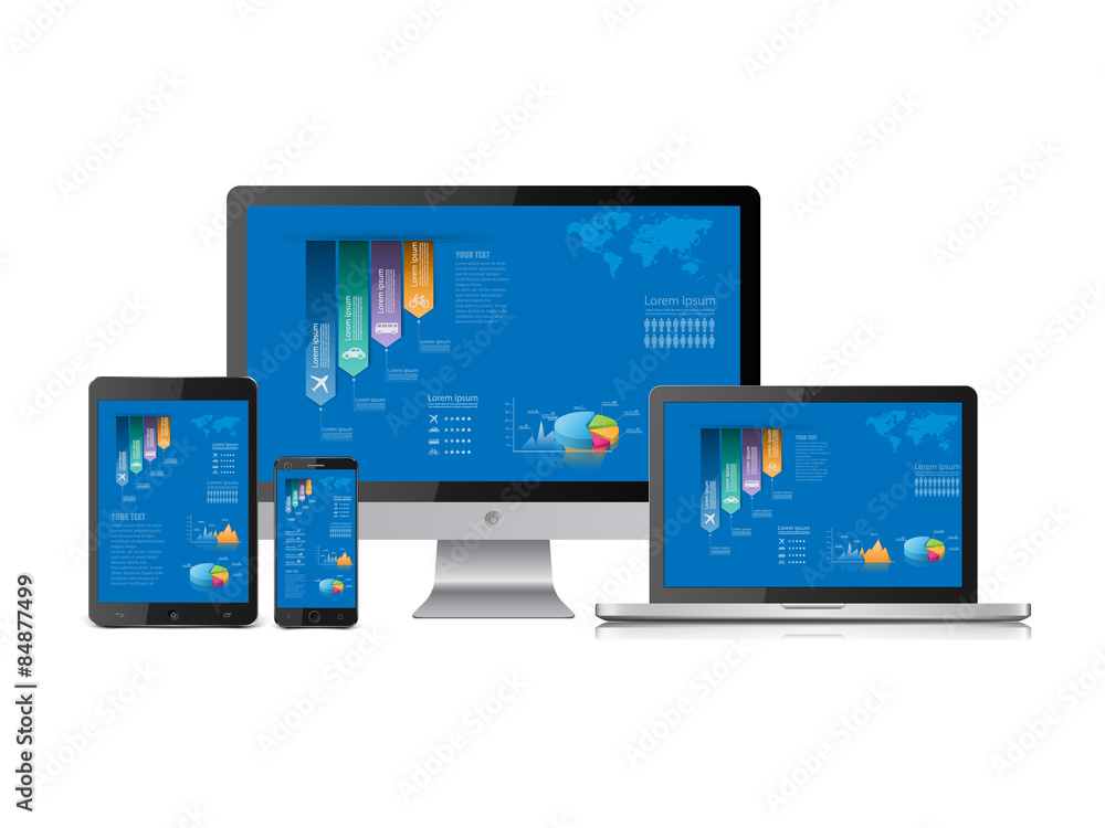 Computer statistics vector with laptop, tablet and smartphone