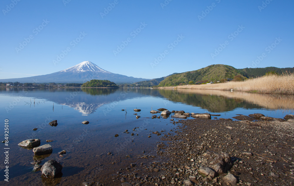 Mountain Fuji with reflection at Lake Kawaguchiko in spring season