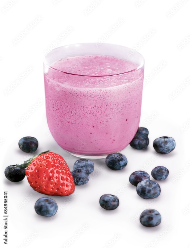 Yogurt, strawberry, fruit juice.