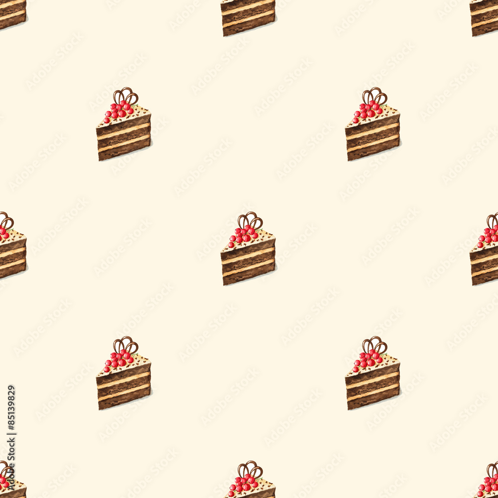 Watercolor seamless pattern with cakes, muffins with berries. Template for your design napkins, menu