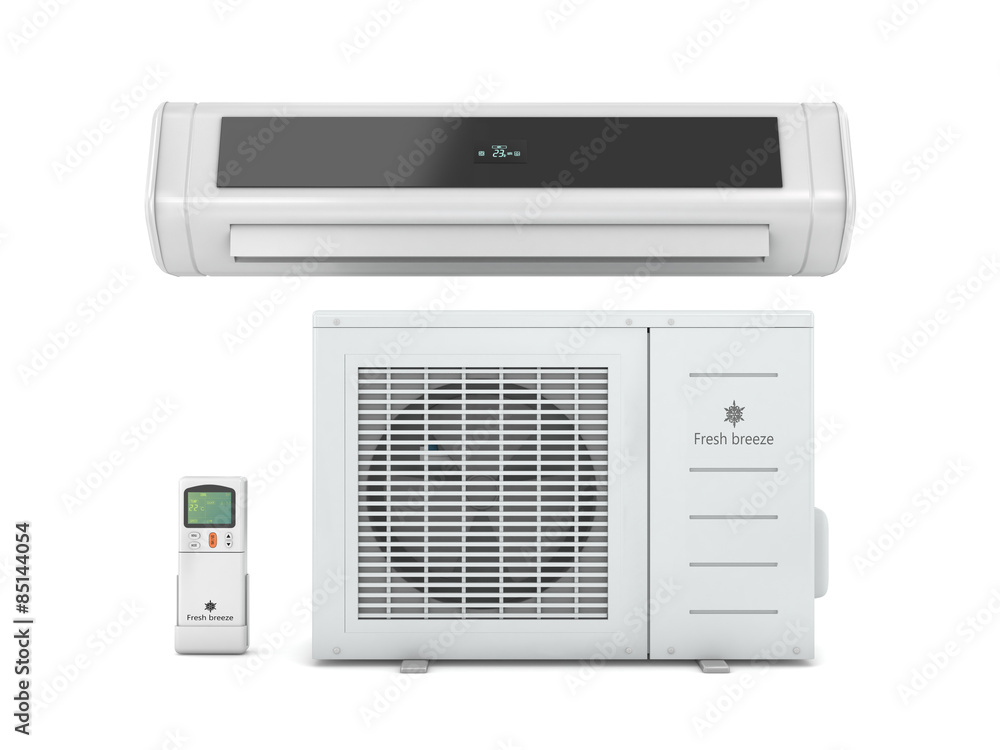   Air conditioners with remote control on a white background.