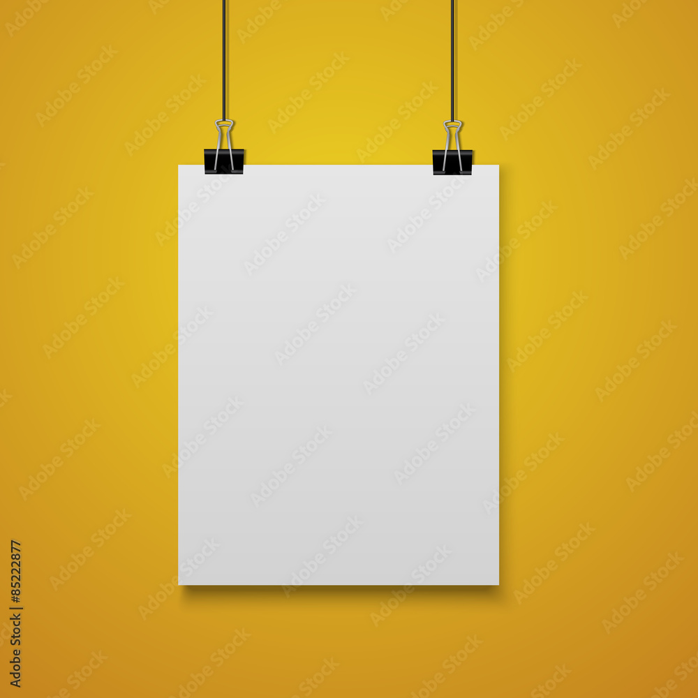 Empty  A4 sized paper hanging with paper clips.vector