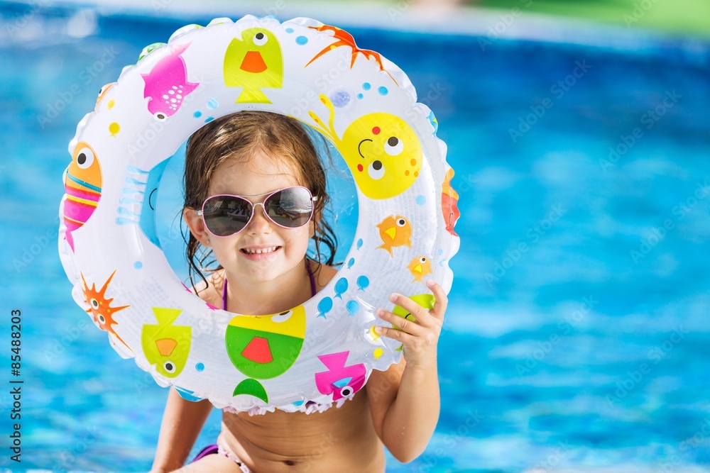 Pool, beach, child.