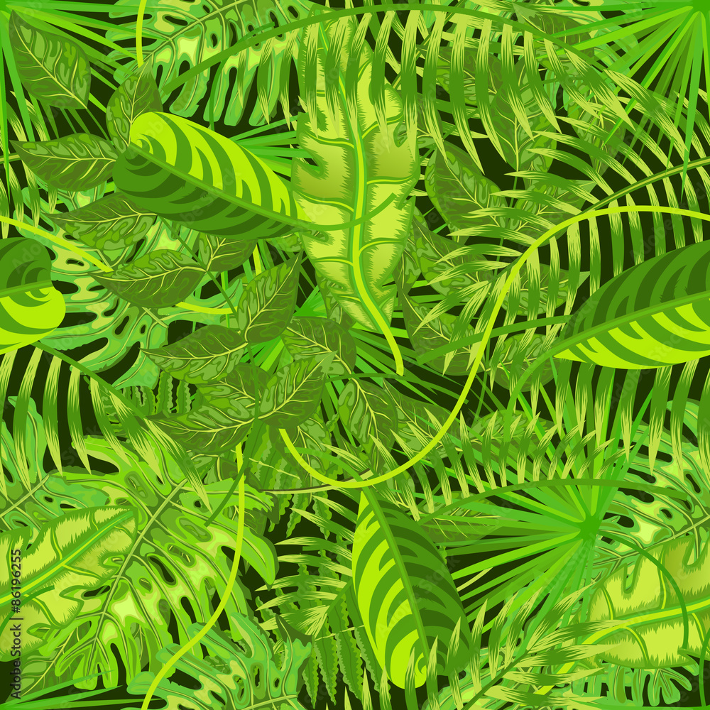 Seamless pattern with exotic tropical leaves vector illustration