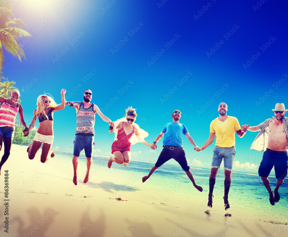 Diverse Beach Summer Friends Fun Jump Shot Concept