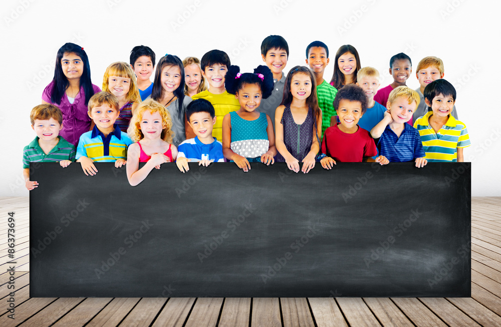 Multi-Ethnic Group of Children Holding Empty Billboard