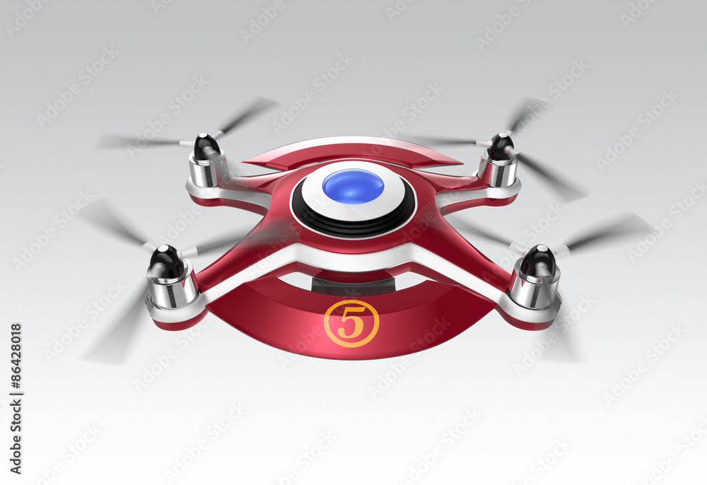 Red drone for air racing on gray background.