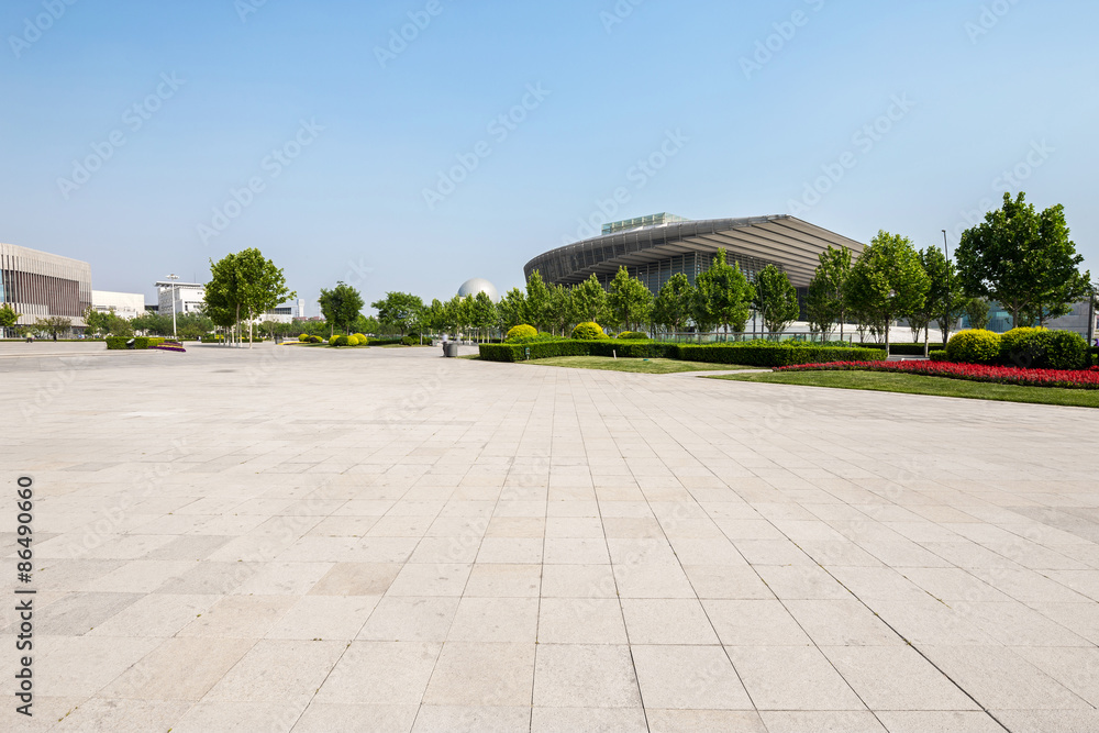 public square with empty road floor in downtown