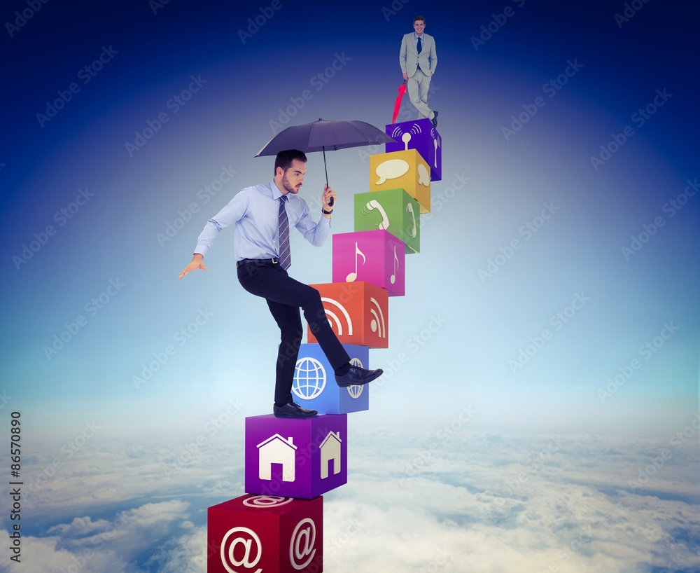 Composite image of smiling businessman with umbrella