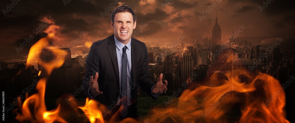 Composite image of stressed businessman gesturing