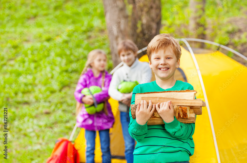 Portrait of smiling boy holding wood for bonfire