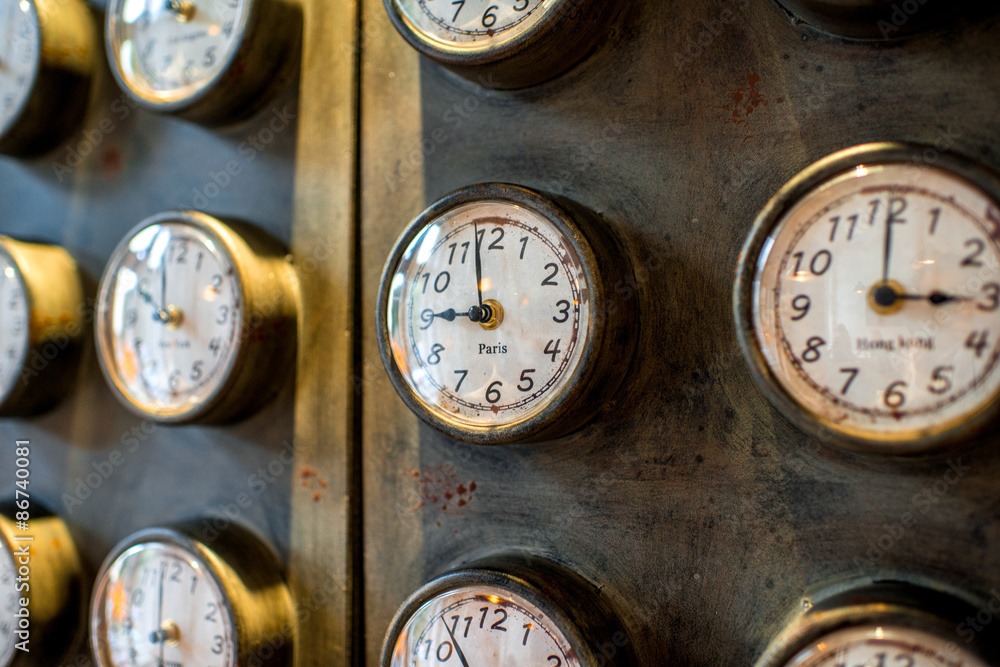 Metal wall with old styled clocks