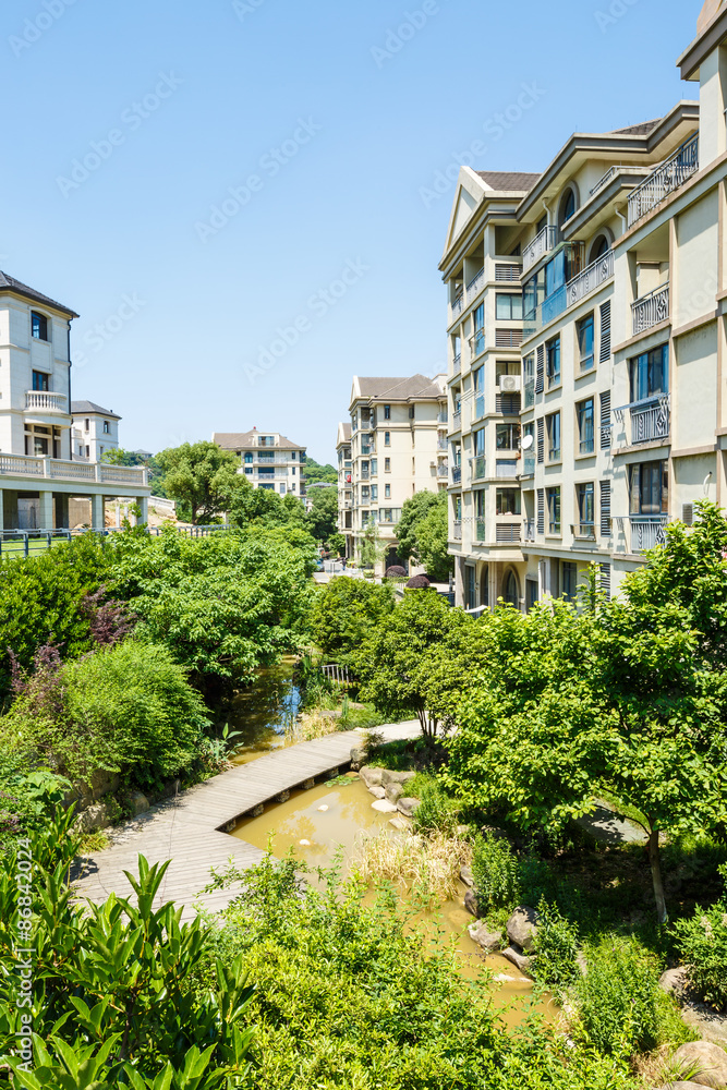 apartment building in suburban area