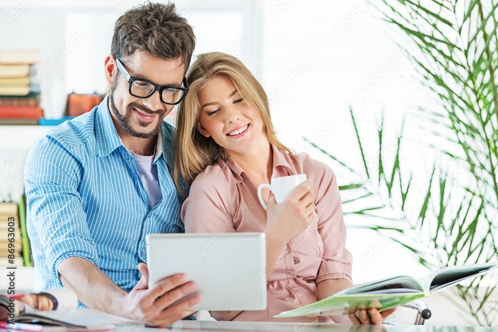 Hipster, glasses, tablet.