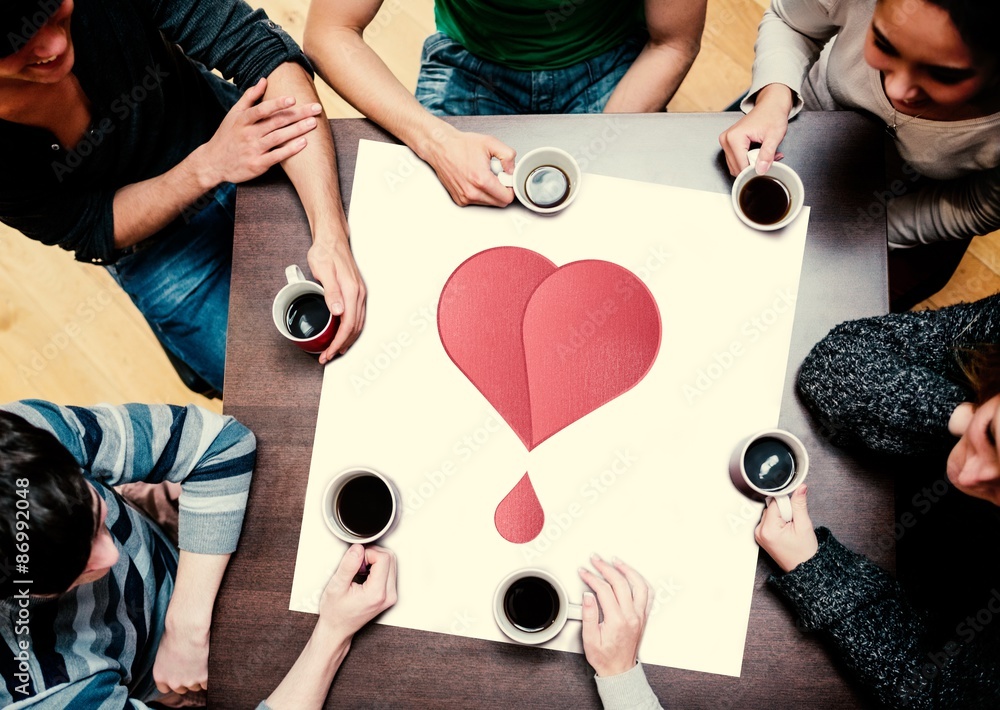 Composite image of people sitting around table drinking coffee