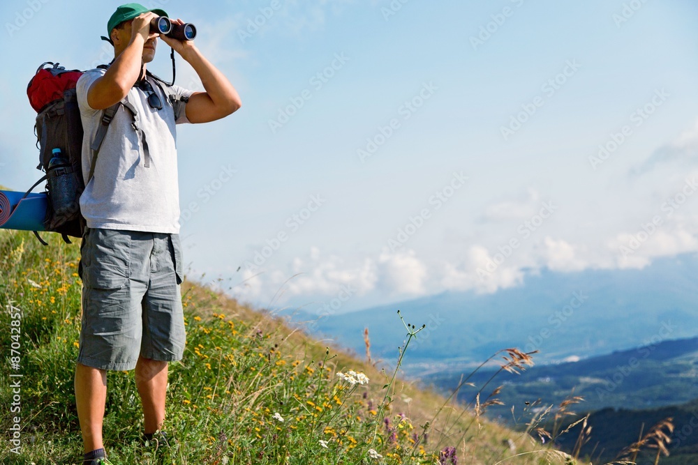 Hiking, Binoculars, Mountain.